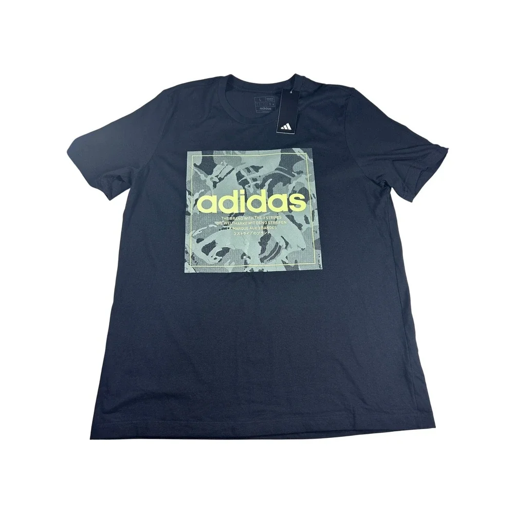 Adidas Mens Large Camo Logo Graphic Black T Shirt‎ Athleisure Training Gym NEW